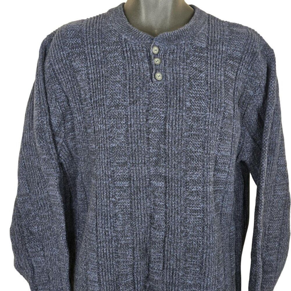 Vintage 90s Bass Mens Sweater XL Navy Blue Henley Neck Pullover
